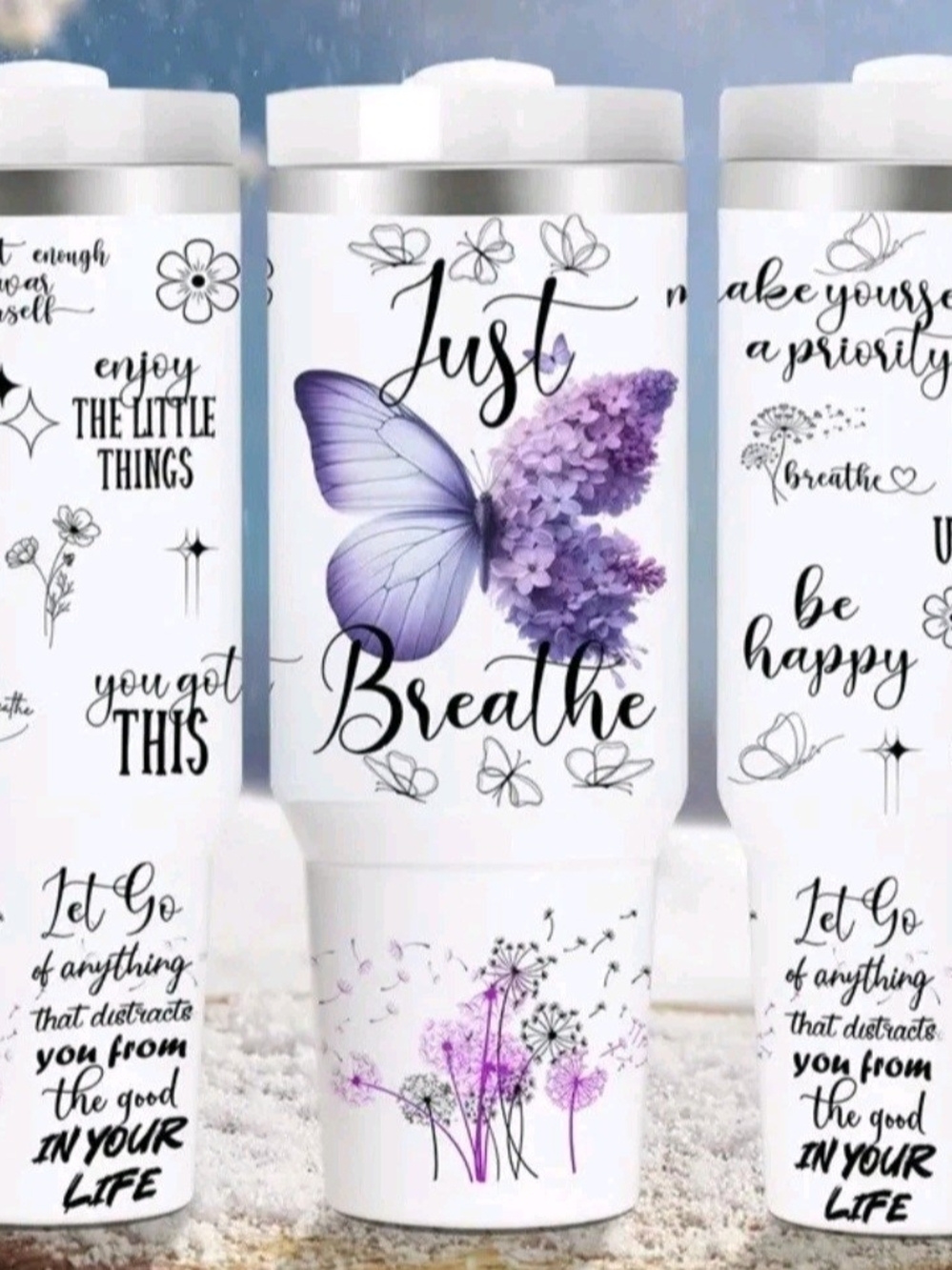 Just Breathe Purple Butterfly Self Care Srainless Steel Insulated Tumbler 40 Oz.